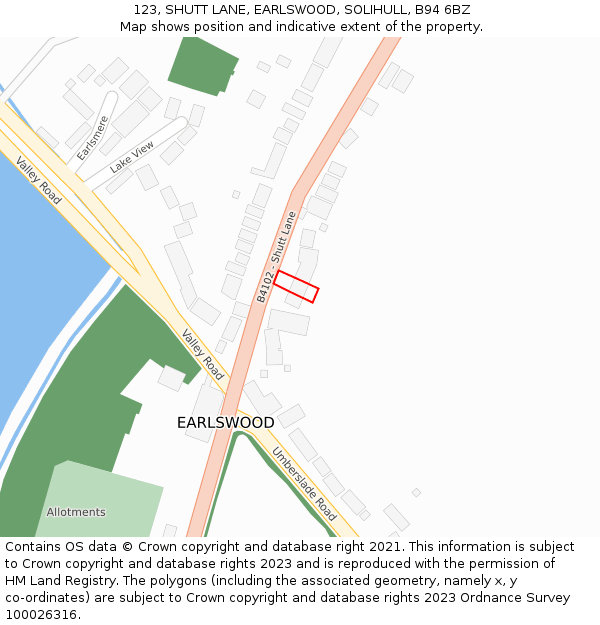 123, SHUTT LANE, EARLSWOOD, SOLIHULL, B94 6BZ: Location map and indicative extent of plot