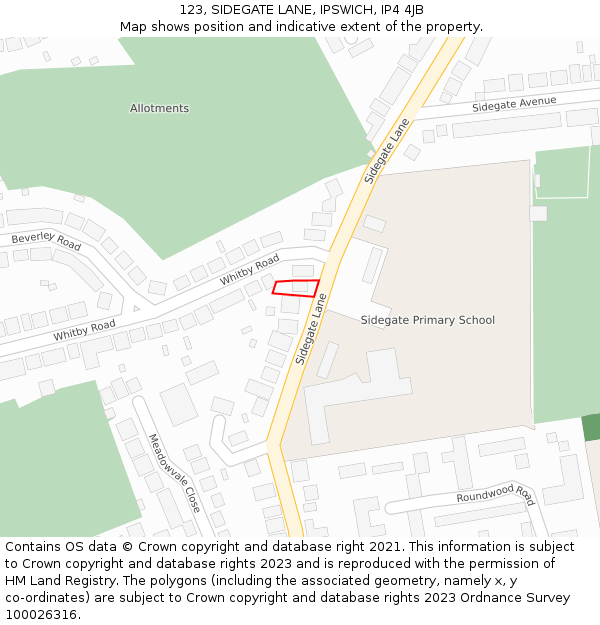 123, SIDEGATE LANE, IPSWICH, IP4 4JB: Location map and indicative extent of plot
