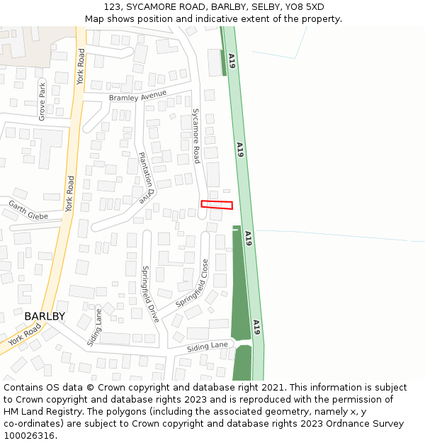 123, SYCAMORE ROAD, BARLBY, SELBY, YO8 5XD: Location map and indicative extent of plot