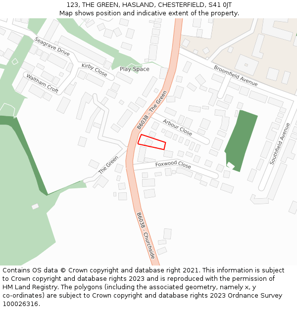 123, THE GREEN, HASLAND, CHESTERFIELD, S41 0JT: Location map and indicative extent of plot