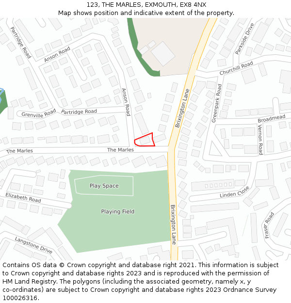 123, THE MARLES, EXMOUTH, EX8 4NX: Location map and indicative extent of plot