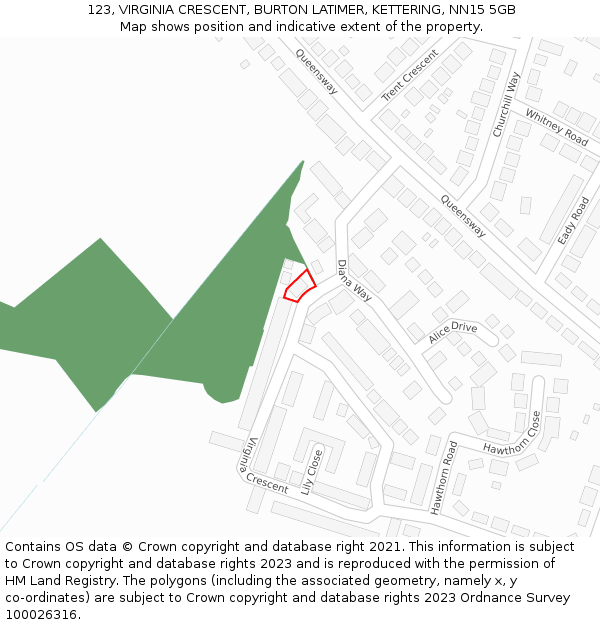 123, VIRGINIA CRESCENT, BURTON LATIMER, KETTERING, NN15 5GB: Location map and indicative extent of plot