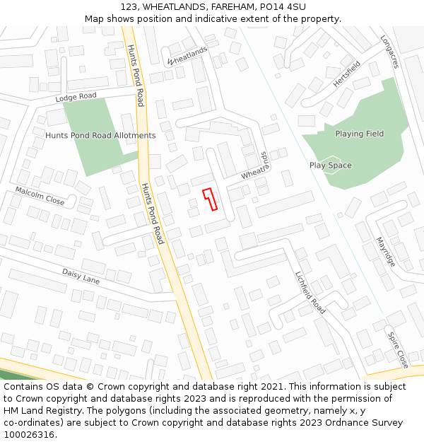 123, WHEATLANDS, FAREHAM, PO14 4SU: Location map and indicative extent of plot