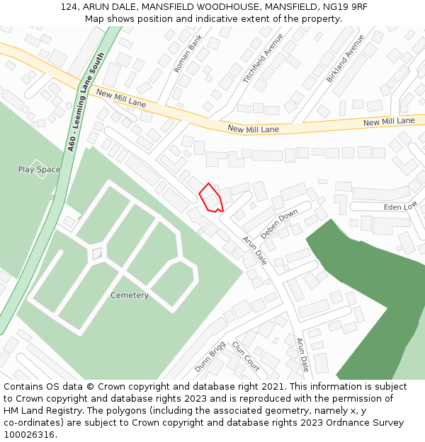 124, ARUN DALE, MANSFIELD WOODHOUSE, MANSFIELD, NG19 9RF: Location map and indicative extent of plot