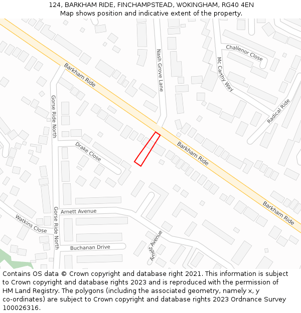 124, BARKHAM RIDE, FINCHAMPSTEAD, WOKINGHAM, RG40 4EN: Location map and indicative extent of plot