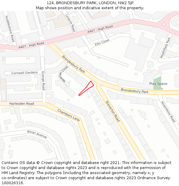 124, BRONDESBURY PARK, LONDON, NW2 5JP: Location map and indicative extent of plot