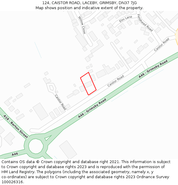 124, CAISTOR ROAD, LACEBY, GRIMSBY, DN37 7JG: Location map and indicative extent of plot