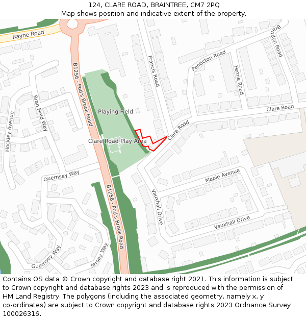 124, CLARE ROAD, BRAINTREE, CM7 2PQ: Location map and indicative extent of plot