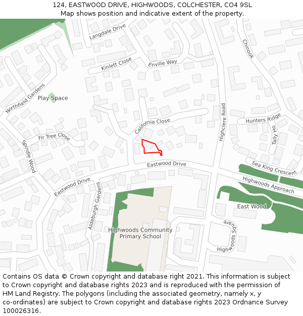 124, EASTWOOD DRIVE, HIGHWOODS, COLCHESTER, CO4 9SL: Location map and indicative extent of plot