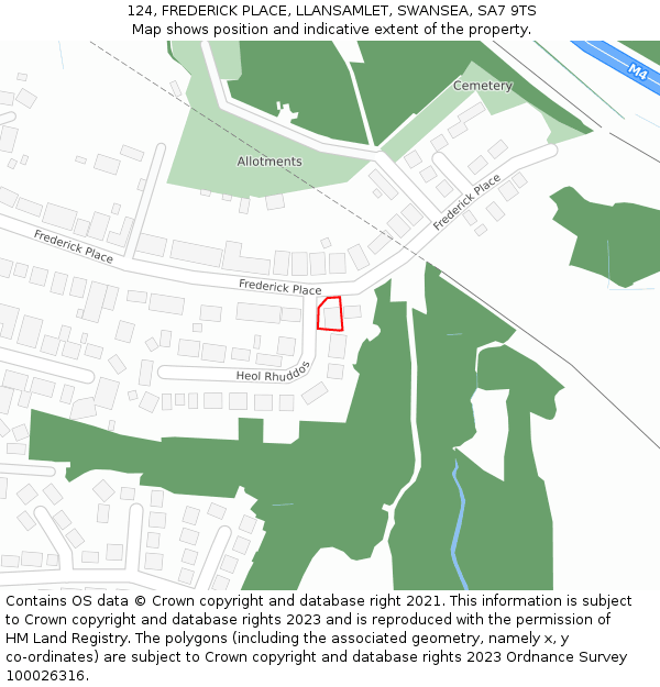 124, FREDERICK PLACE, LLANSAMLET, SWANSEA, SA7 9TS: Location map and indicative extent of plot