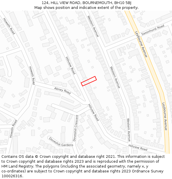 124, HILL VIEW ROAD, BOURNEMOUTH, BH10 5BJ: Location map and indicative extent of plot