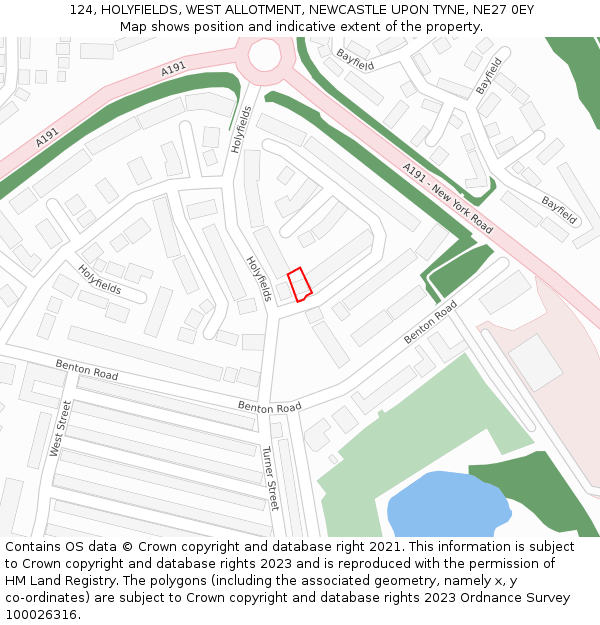 124, HOLYFIELDS, WEST ALLOTMENT, NEWCASTLE UPON TYNE, NE27 0EY: Location map and indicative extent of plot