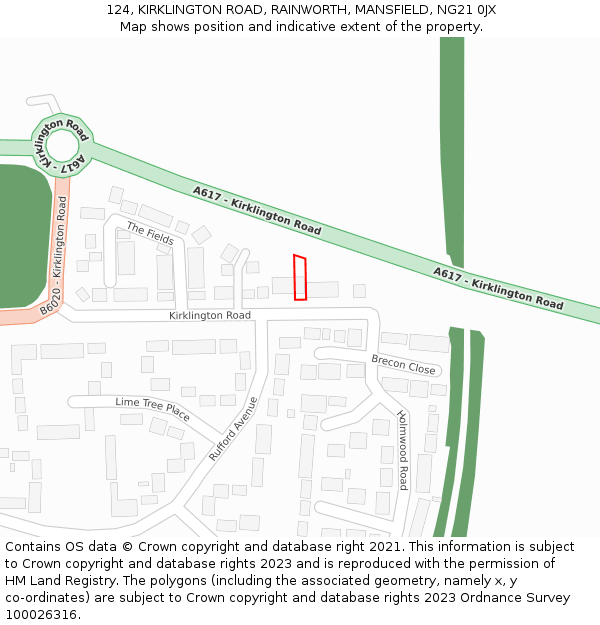 124, KIRKLINGTON ROAD, RAINWORTH, MANSFIELD, NG21 0JX: Location map and indicative extent of plot