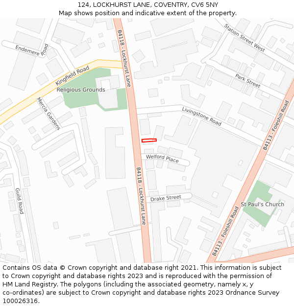 124, LOCKHURST LANE, COVENTRY, CV6 5NY: Location map and indicative extent of plot