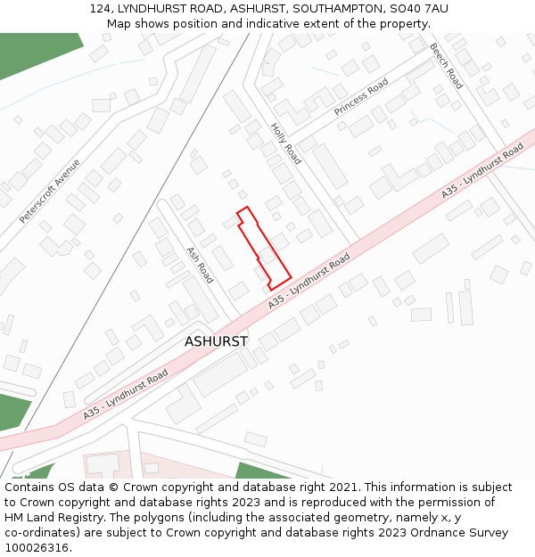 124, LYNDHURST ROAD, ASHURST, SOUTHAMPTON, SO40 7AU: Location map and indicative extent of plot