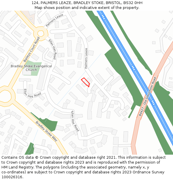 124, PALMERS LEAZE, BRADLEY STOKE, BRISTOL, BS32 0HH: Location map and indicative extent of plot