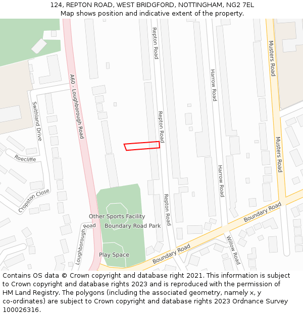 124, REPTON ROAD, WEST BRIDGFORD, NOTTINGHAM, NG2 7EL: Location map and indicative extent of plot