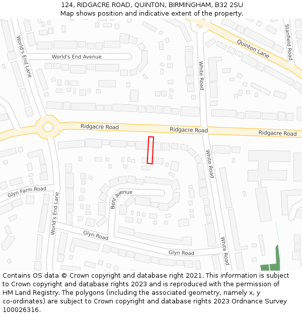 124, RIDGACRE ROAD, QUINTON, BIRMINGHAM, B32 2SU: Location map and indicative extent of plot