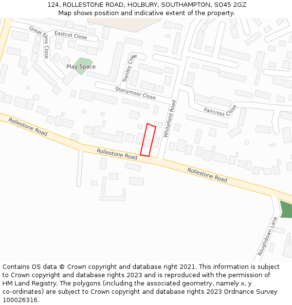 124, ROLLESTONE ROAD, HOLBURY, SOUTHAMPTON, SO45 2GZ: Location map and indicative extent of plot