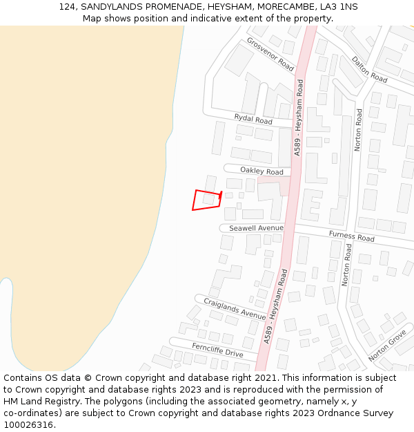 124, SANDYLANDS PROMENADE, HEYSHAM, MORECAMBE, LA3 1NS: Location map and indicative extent of plot