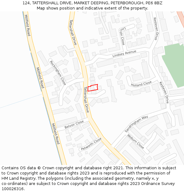 124, TATTERSHALL DRIVE, MARKET DEEPING, PETERBOROUGH, PE6 8BZ: Location map and indicative extent of plot