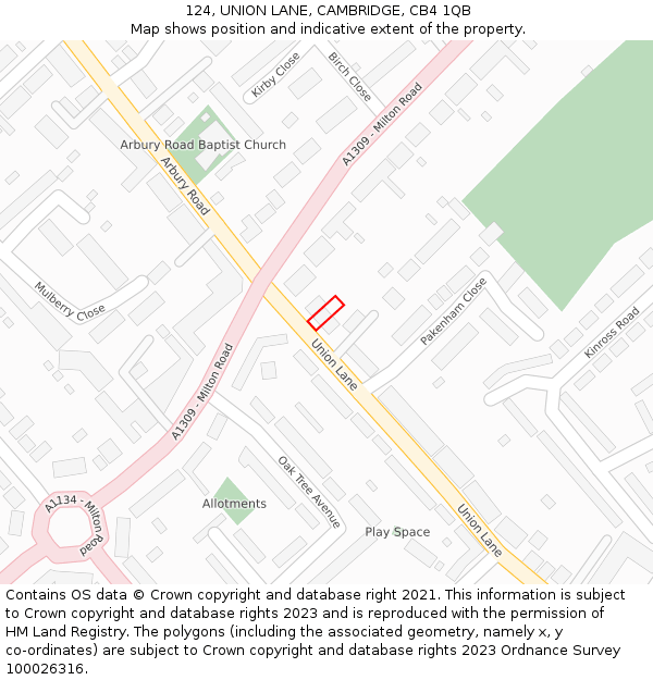 124, UNION LANE, CAMBRIDGE, CB4 1QB: Location map and indicative extent of plot