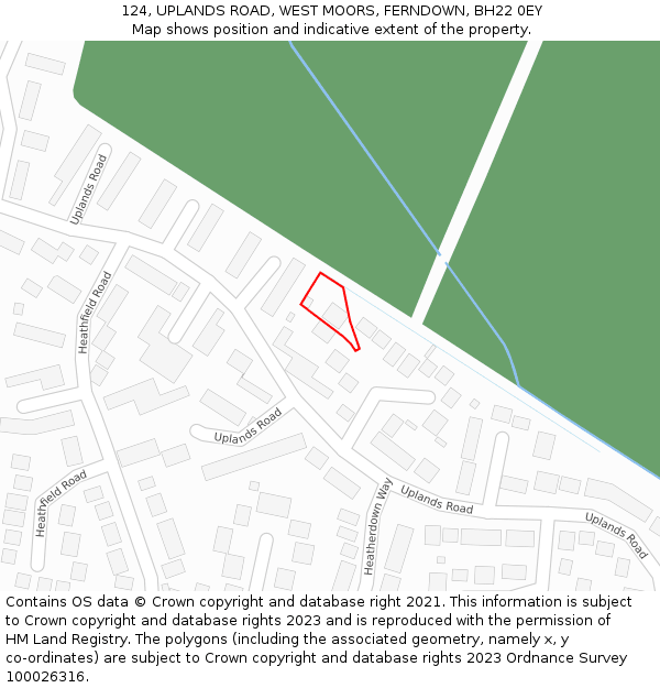 124, UPLANDS ROAD, WEST MOORS, FERNDOWN, BH22 0EY: Location map and indicative extent of plot