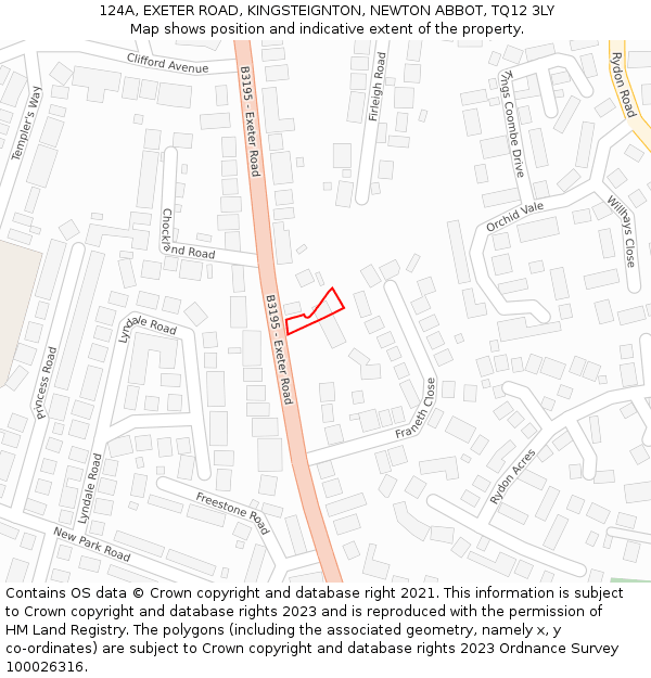 124A, EXETER ROAD, KINGSTEIGNTON, NEWTON ABBOT, TQ12 3LY: Location map and indicative extent of plot