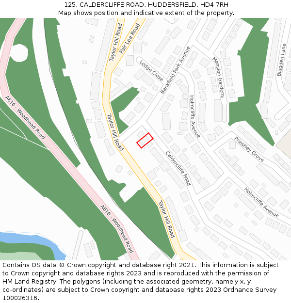 125, CALDERCLIFFE ROAD, HUDDERSFIELD, HD4 7RH: Location map and indicative extent of plot