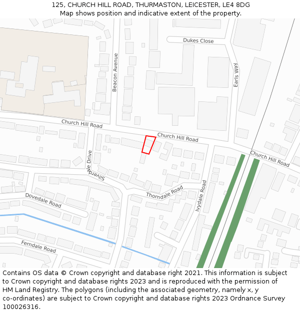 125, CHURCH HILL ROAD, THURMASTON, LEICESTER, LE4 8DG: Location map and indicative extent of plot