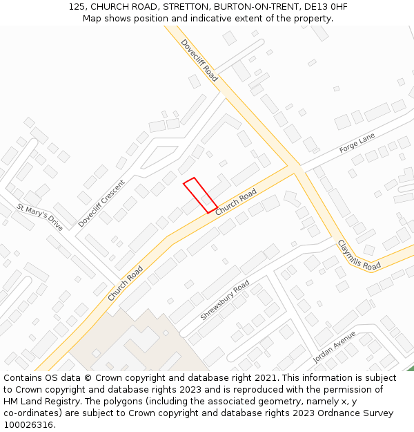 125, CHURCH ROAD, STRETTON, BURTON-ON-TRENT, DE13 0HF: Location map and indicative extent of plot