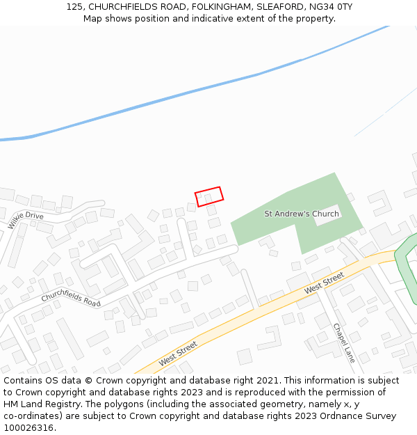 125, CHURCHFIELDS ROAD, FOLKINGHAM, SLEAFORD, NG34 0TY: Location map and indicative extent of plot