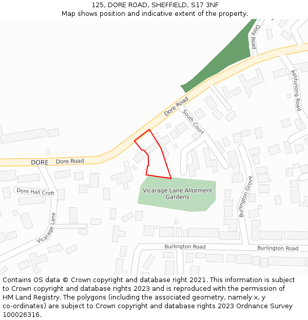 125, DORE ROAD, SHEFFIELD, S17 3NF: Location map and indicative extent of plot