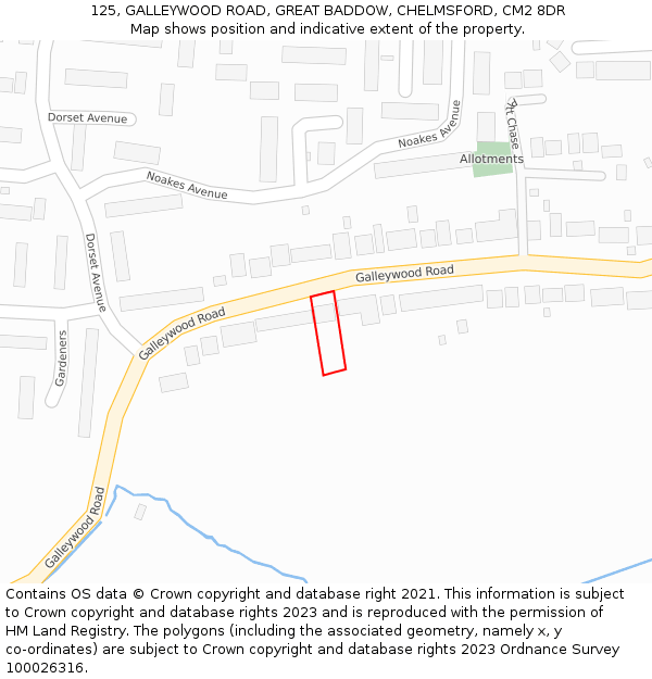 125, GALLEYWOOD ROAD, GREAT BADDOW, CHELMSFORD, CM2 8DR: Location map and indicative extent of plot