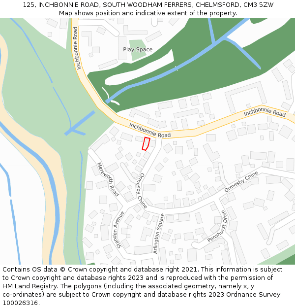 125, INCHBONNIE ROAD, SOUTH WOODHAM FERRERS, CHELMSFORD, CM3 5ZW: Location map and indicative extent of plot