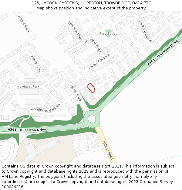 125, LACOCK GARDENS, HILPERTON, TROWBRIDGE, BA14 7TG: Location map and indicative extent of plot