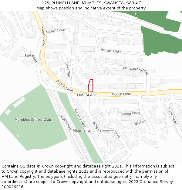 125, PLUNCH LANE, MUMBLES, SWANSEA, SA3 4JE: Location map and indicative extent of plot