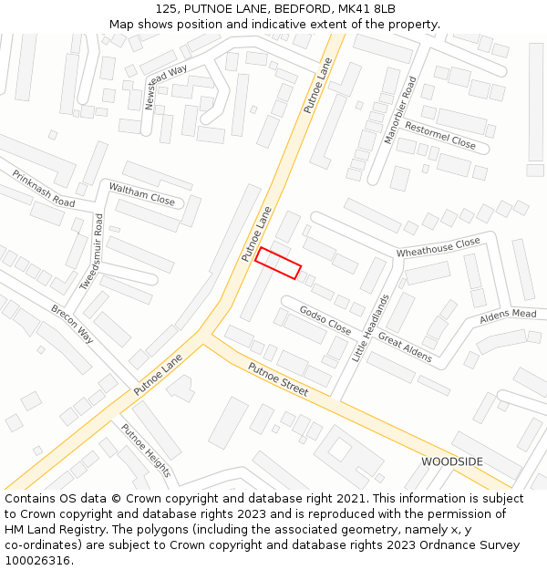 125, PUTNOE LANE, BEDFORD, MK41 8LB: Location map and indicative extent of plot