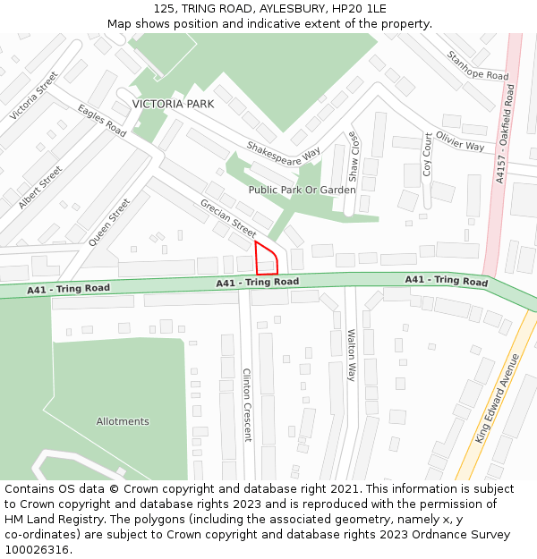 125, TRING ROAD, AYLESBURY, HP20 1LE: Location map and indicative extent of plot