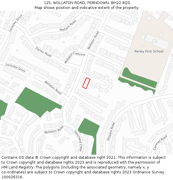 125, WOLLATON ROAD, FERNDOWN, BH22 8QS: Location map and indicative extent of plot