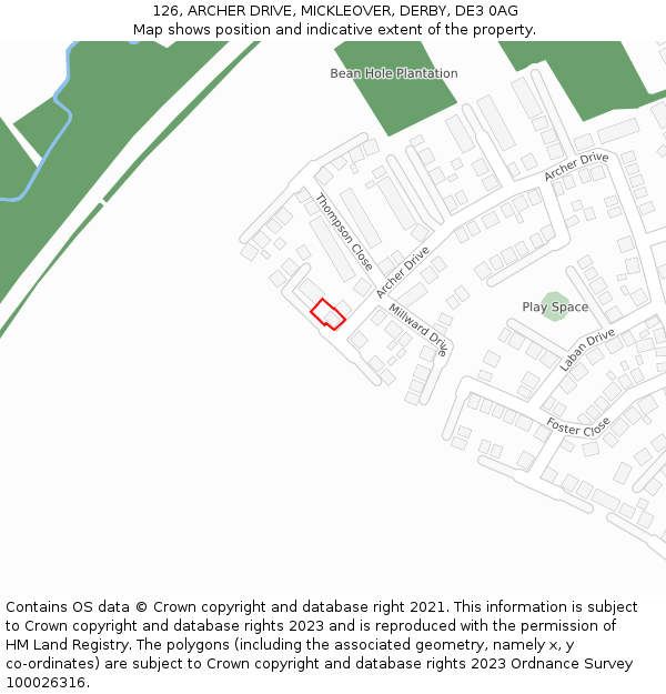 126, ARCHER DRIVE, MICKLEOVER, DERBY, DE3 0AG: Location map and indicative extent of plot