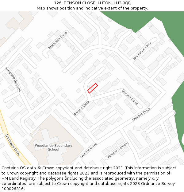 126, BENSON CLOSE, LUTON, LU3 3QR: Location map and indicative extent of plot