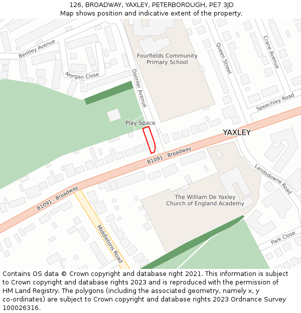 126, BROADWAY, YAXLEY, PETERBOROUGH, PE7 3JD: Location map and indicative extent of plot