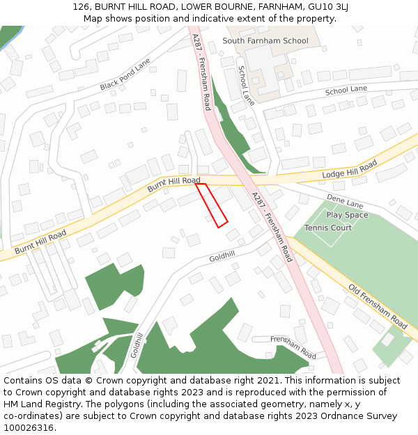 126, BURNT HILL ROAD, LOWER BOURNE, FARNHAM, GU10 3LJ: Location map and indicative extent of plot