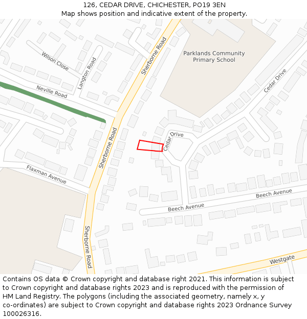 126, CEDAR DRIVE, CHICHESTER, PO19 3EN: Location map and indicative extent of plot