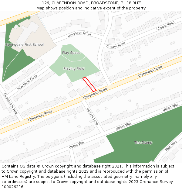 126, CLARENDON ROAD, BROADSTONE, BH18 9HZ: Location map and indicative extent of plot