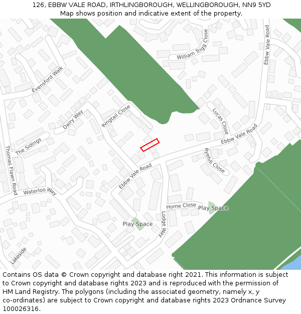 126, EBBW VALE ROAD, IRTHLINGBOROUGH, WELLINGBOROUGH, NN9 5YD: Location map and indicative extent of plot