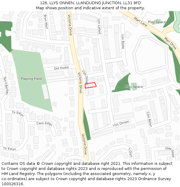 126, LLYS ONNEN, LLANDUDNO JUNCTION, LL31 9FD: Location map and indicative extent of plot