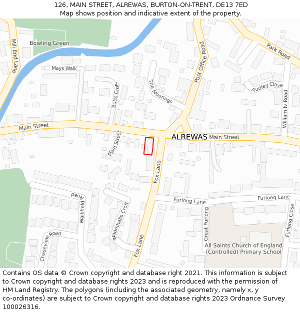 126, MAIN STREET, ALREWAS, BURTON-ON-TRENT, DE13 7ED: Location map and indicative extent of plot