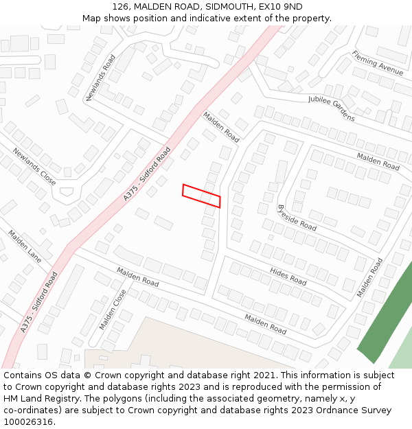 126, MALDEN ROAD, SIDMOUTH, EX10 9ND: Location map and indicative extent of plot